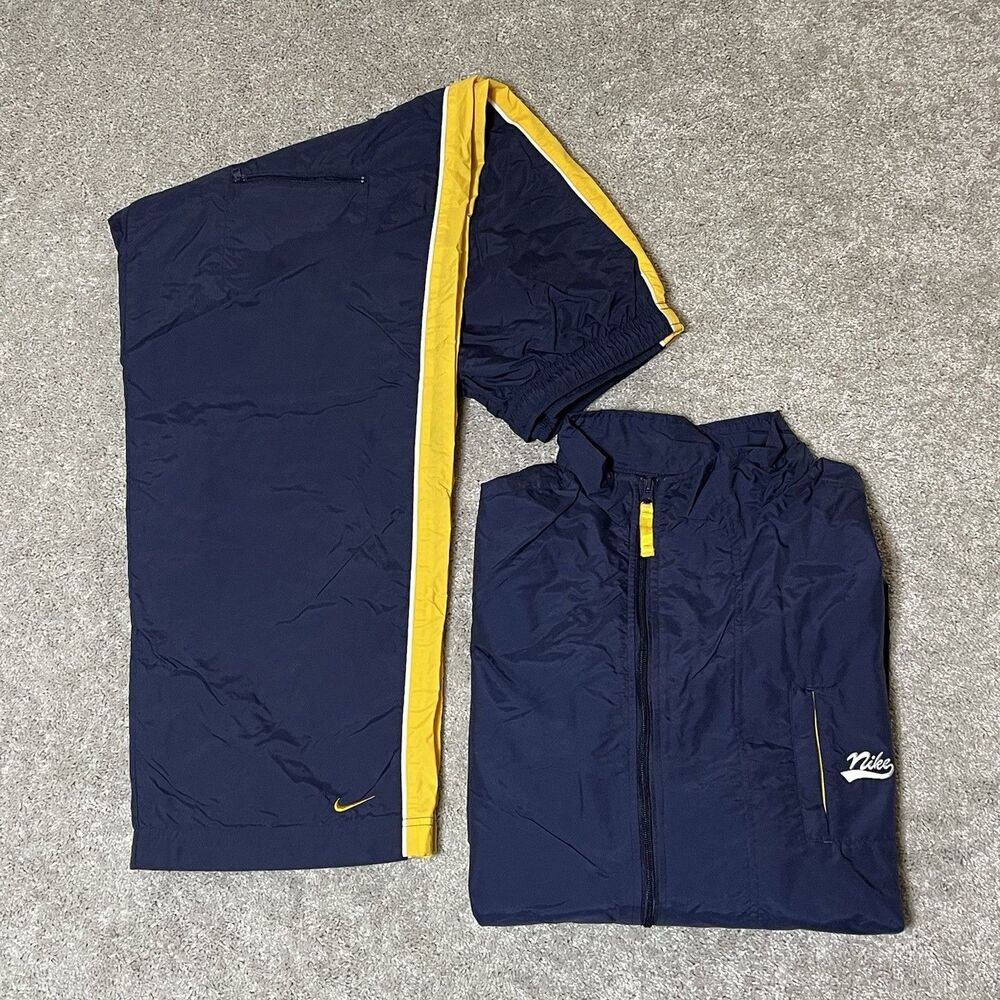 Vintage Y2K Nike Blue Gold Windbreaker Track Suit Set Full Zip Jacket XL Pants L